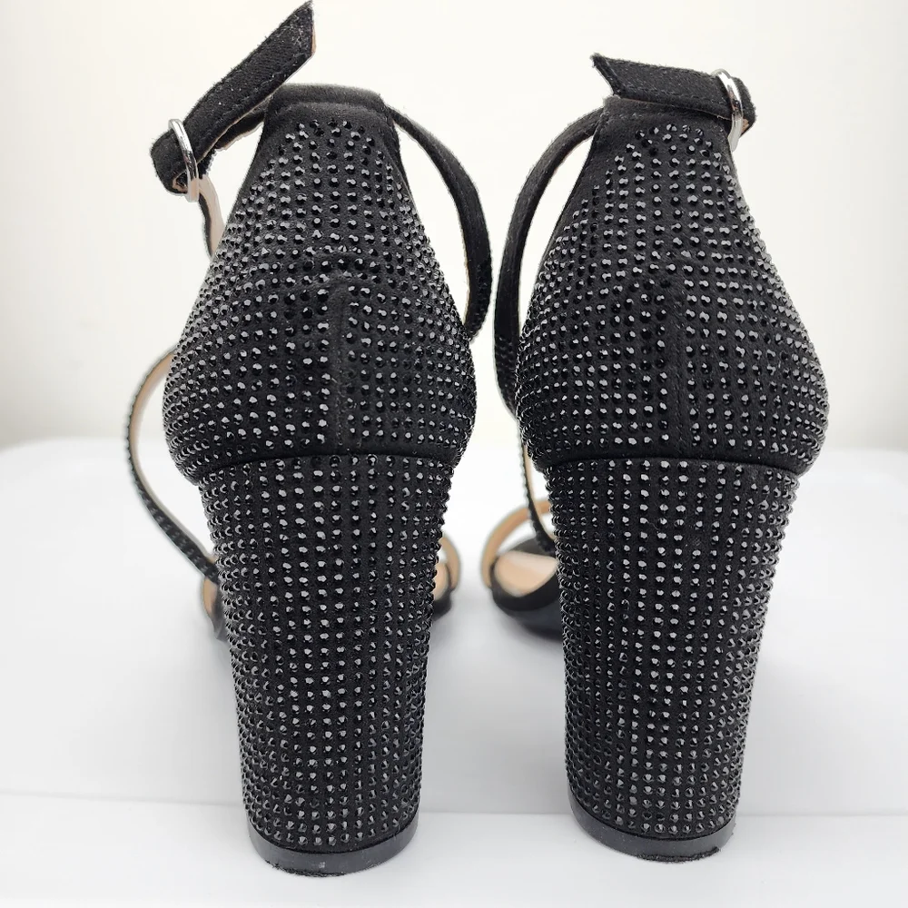 Kelly & Katie Paloona Rhinestones Block Heels Sandals Strappy Pumps Black 9M - Picture 5 of 12